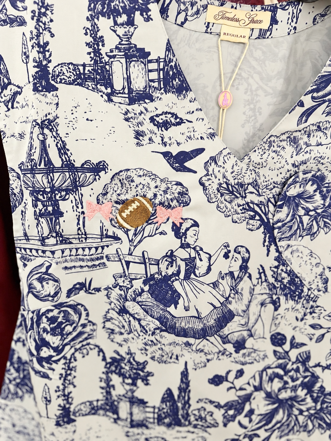 Football + Bows Classic Grace Apron in Subdued Blue Toile Print