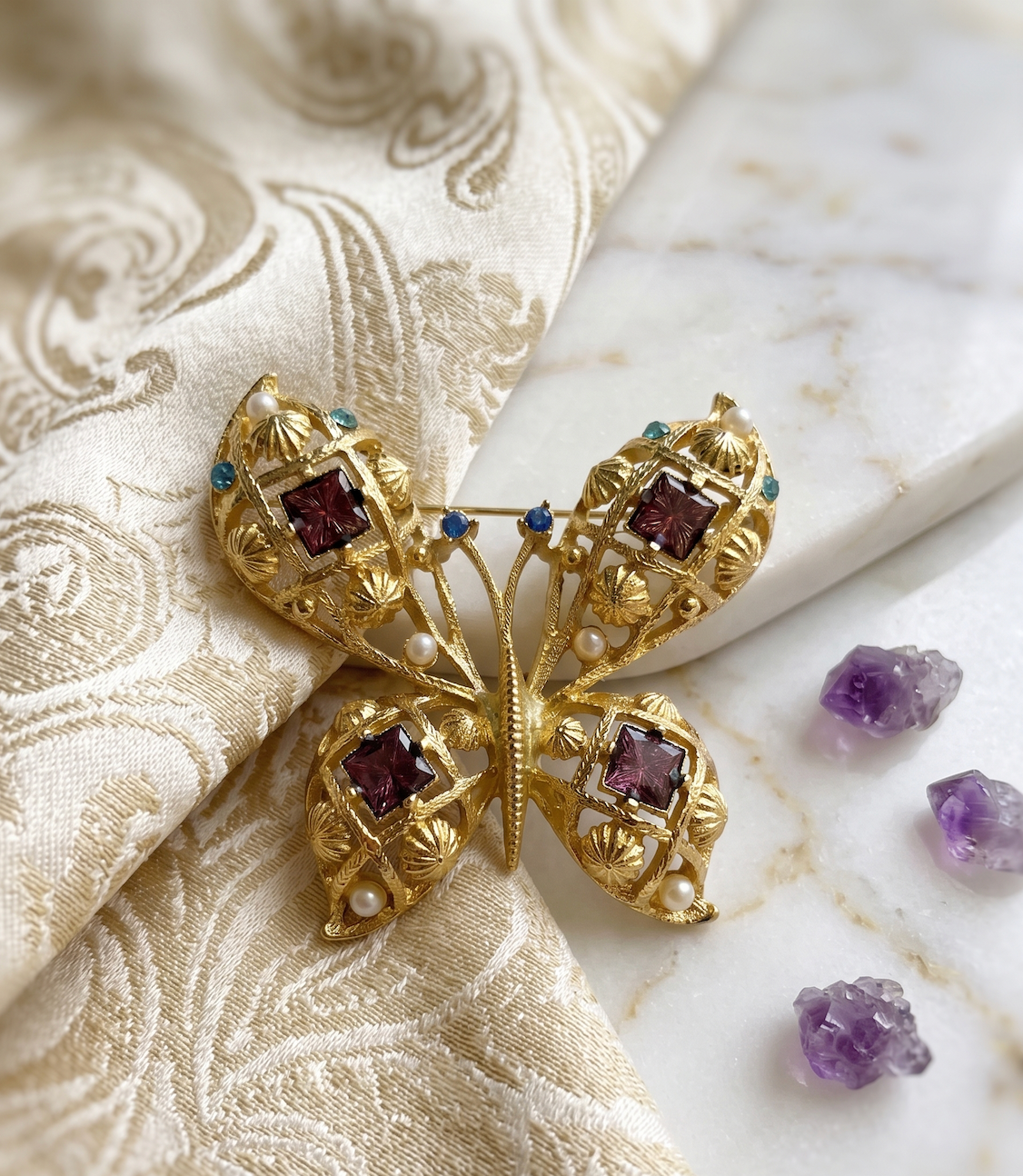 Vintage Gilded Butterfly Brooch | Faux Gemstone & Pearl Accent Pin | The Heirloom Edit