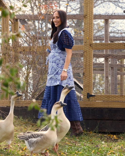 Classic Grace Apron in Subdued Blue Toile Print