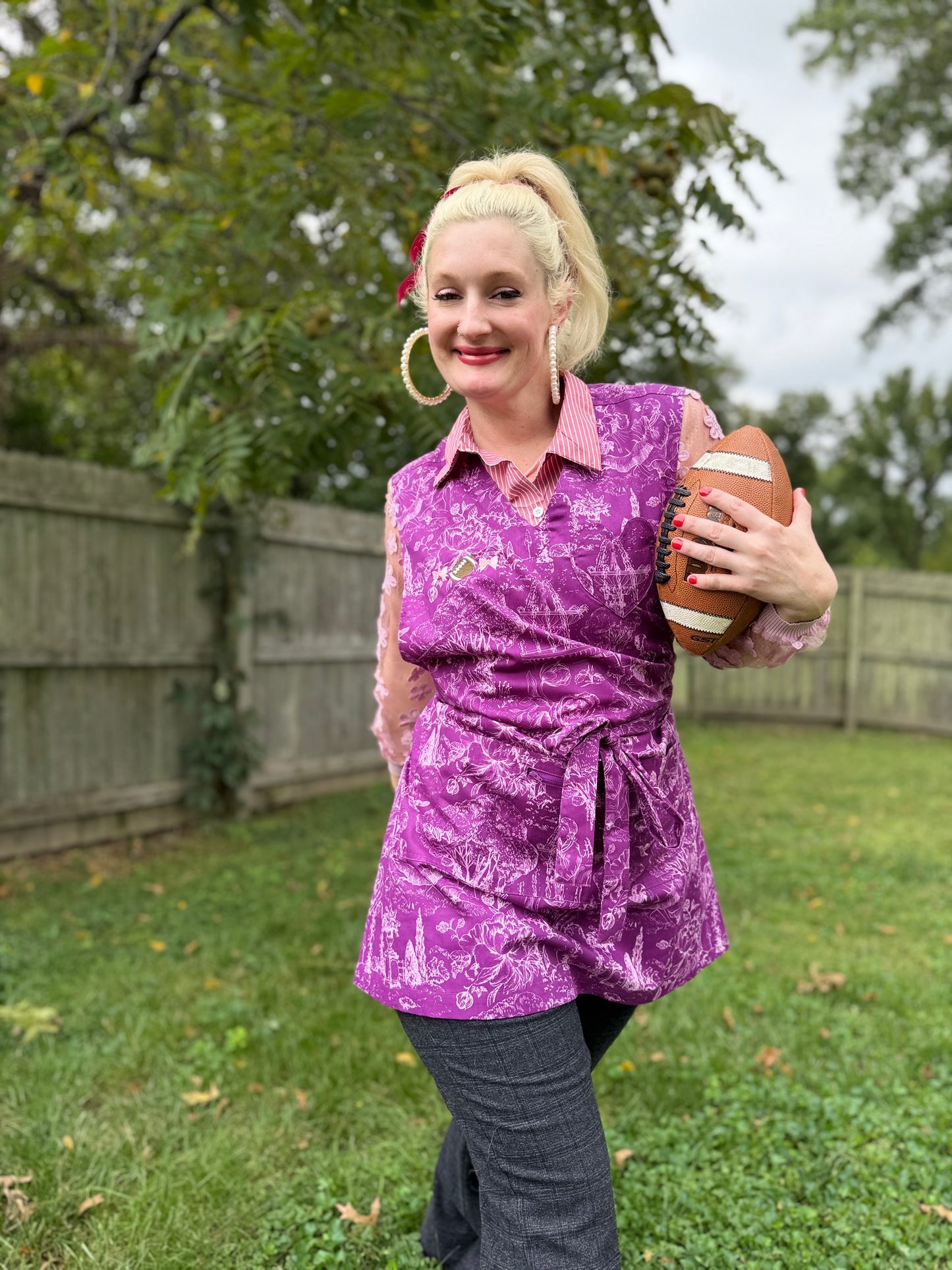 Football + Bows Classic Grace Apron in Plum Caspia Toile Print