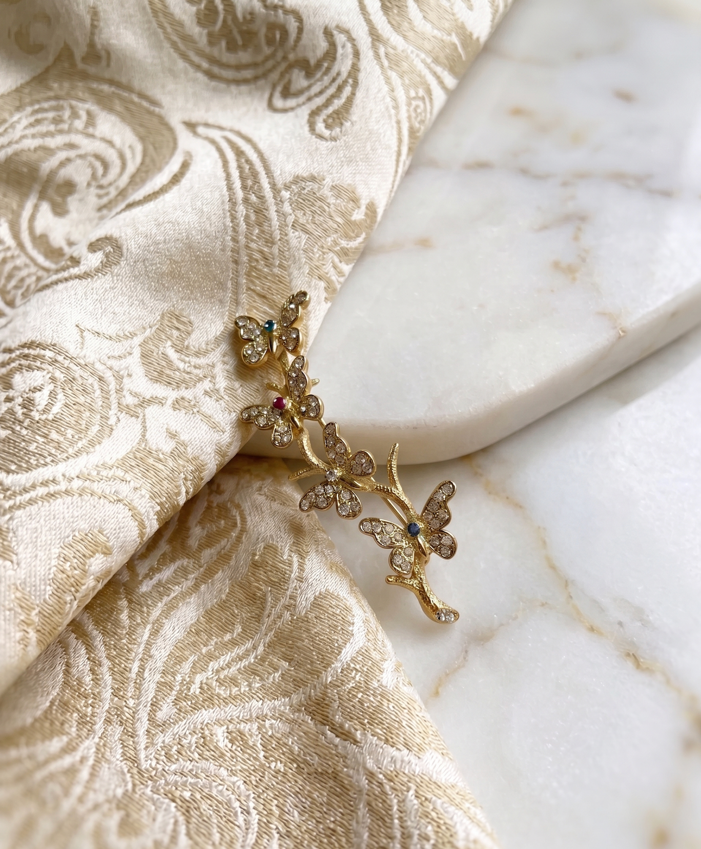 Vintage Butterfly Branch Brooch | Gold-Tone Rhinestone Floral Pin | The Heirloom Edit