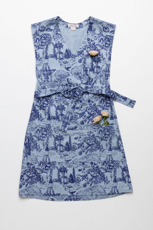 Classic Grace Apron in Subdued Blue Toile Print