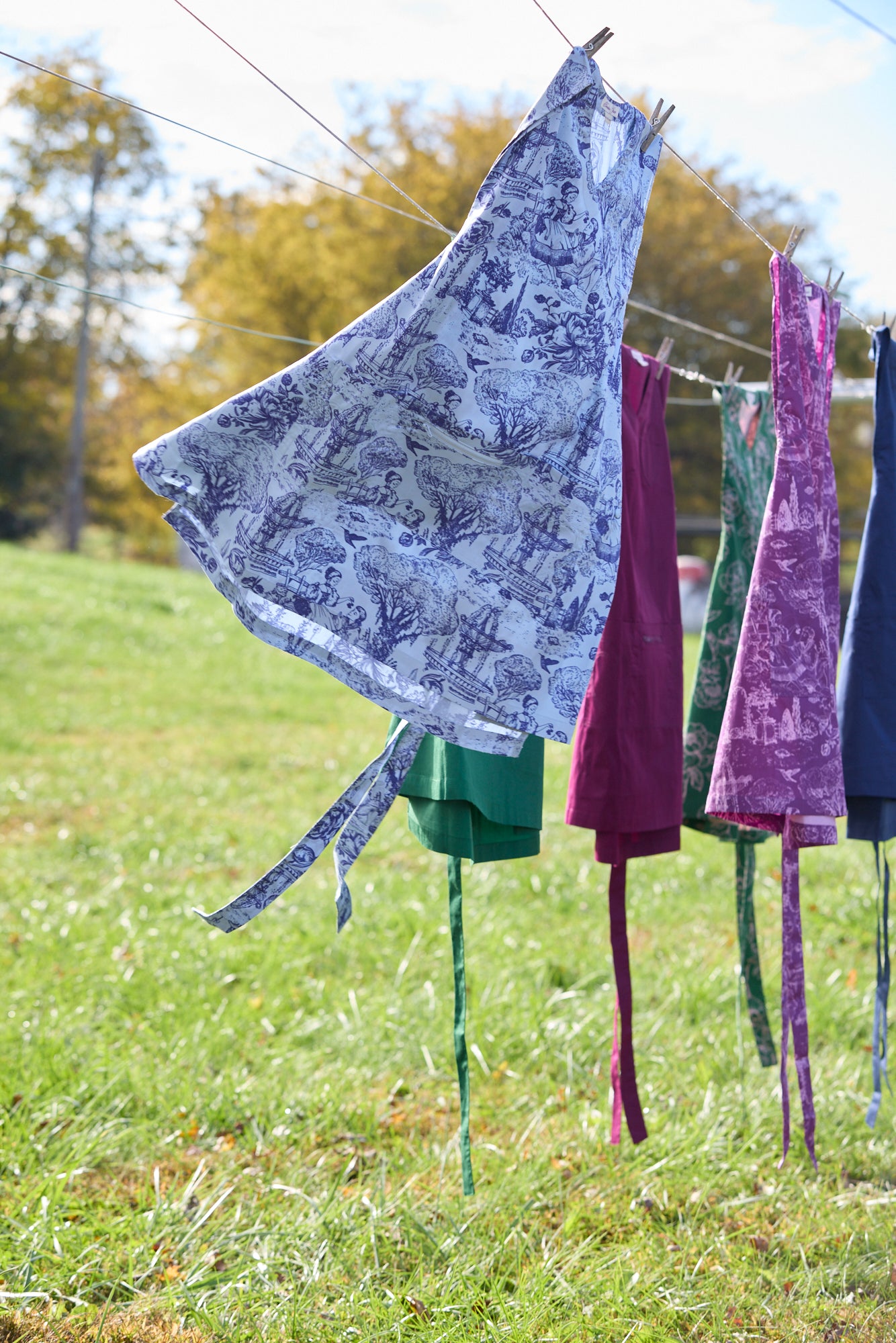 Dresses hanging on a clothesline in an outdoor setting with grass and trees.