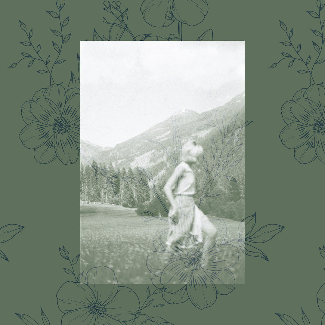 Vintage-style photo of a person walking in a scenic landscape with mountains and trees, framed by floral illustrations on a green background.